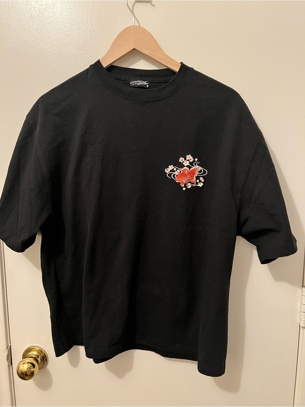 Black Graphic Tee with Red Koi Patch